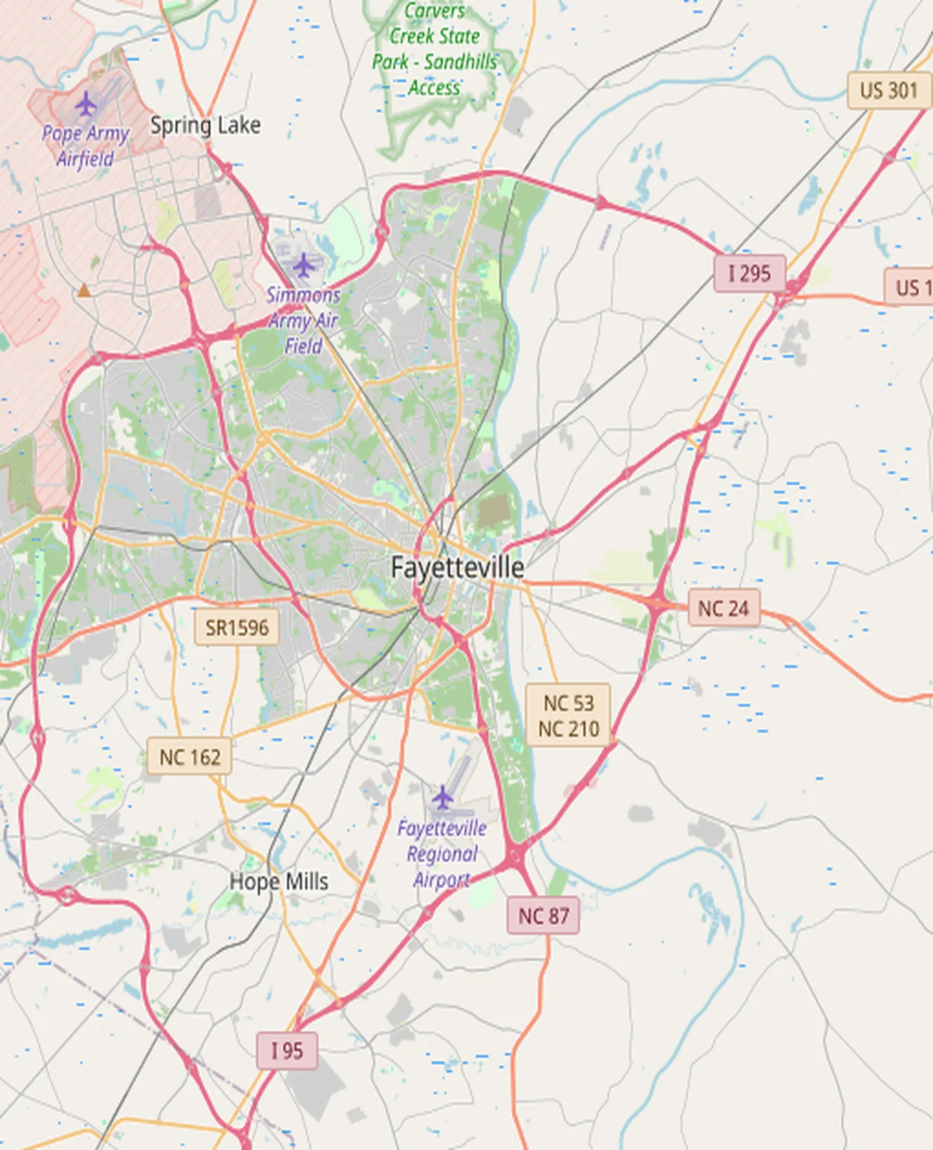 Map of the Fayetteville, North Carolina area